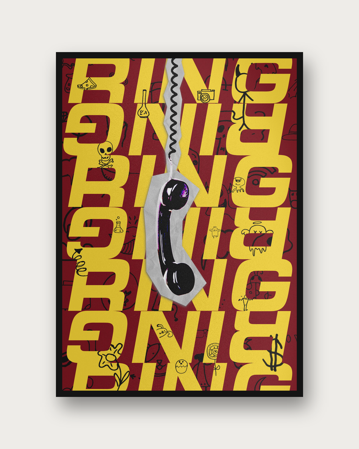 Ring Ring poster framed on a wall — retro graphic wall art