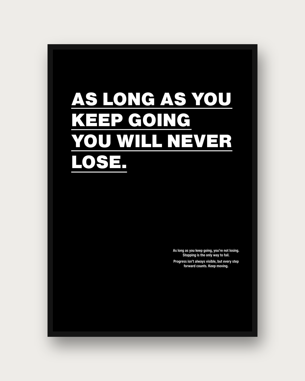 As Long As You Keep Going poster framed on a wall — motivational wall art